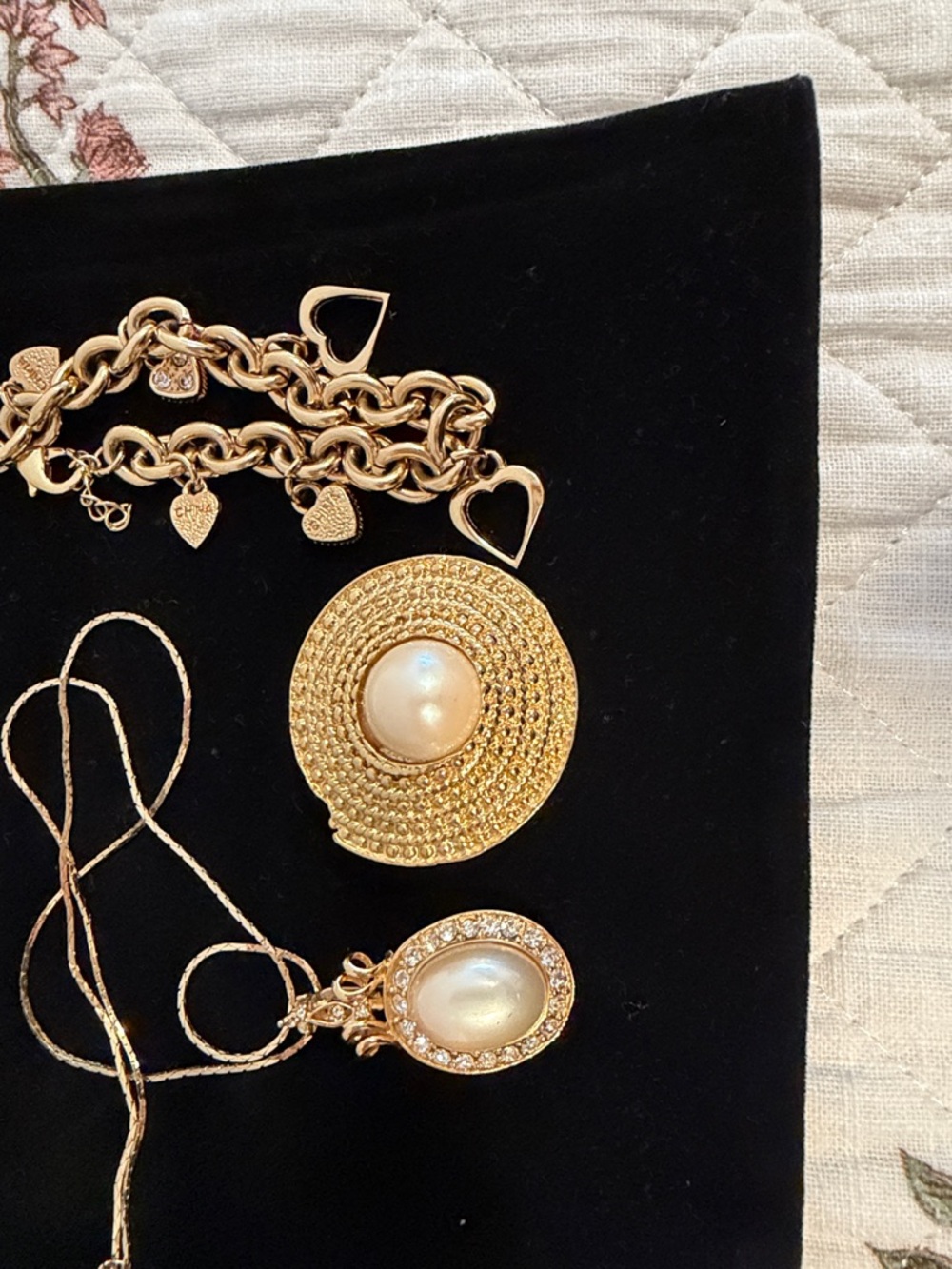 Gold-Tone Pearl Pendant Necklace and Charm Bracelet Set - Women Jewelry